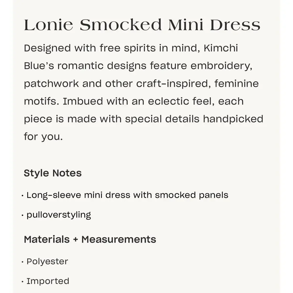 Kimchi Blue Lonnie Smocked Long Sleeve Mini Dress Medium Boho Cottage Core - Picture 4 of 10